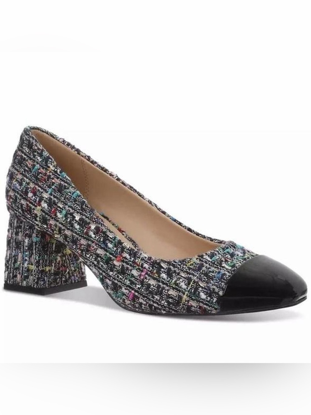 Multicolor Tweed Block Heel Pump with Black Cap Toe